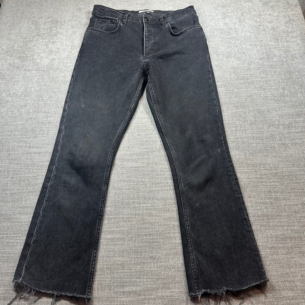 Anine Bing Flare Jeans Women 29 Black‎  Raw Hem Frayed Washed Denim